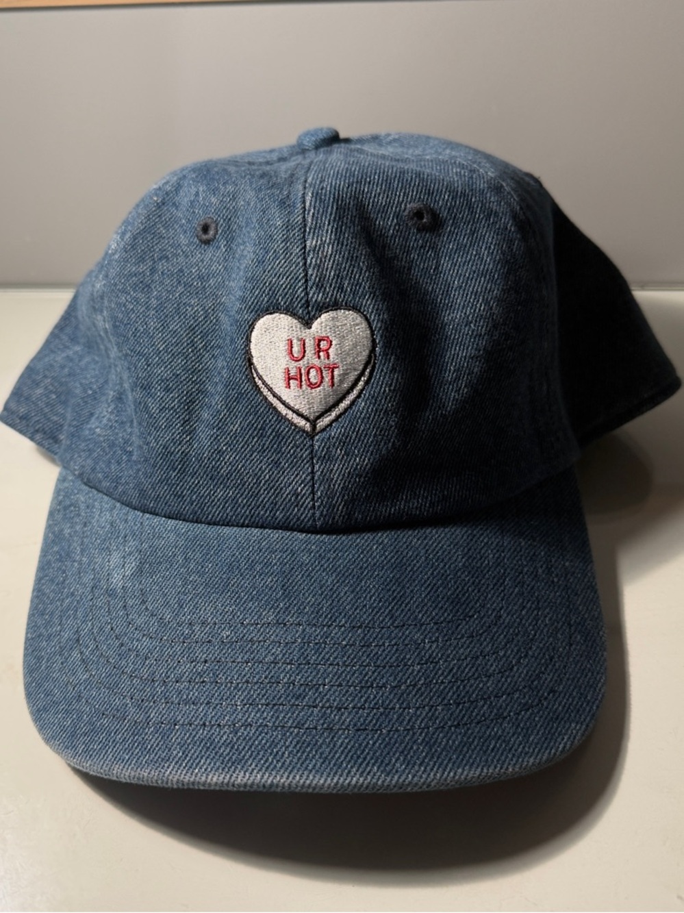 Universal Thread Blue Denim Hat with White Heart "UR HOT" Patch